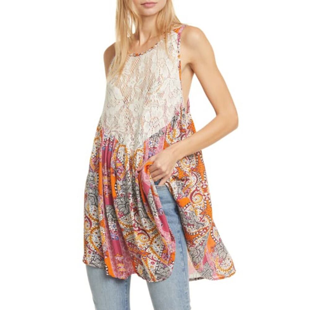 NEW Free People Women's Size XS Count‎ Me In Trapeze Tank Top Pink Lace Yoke